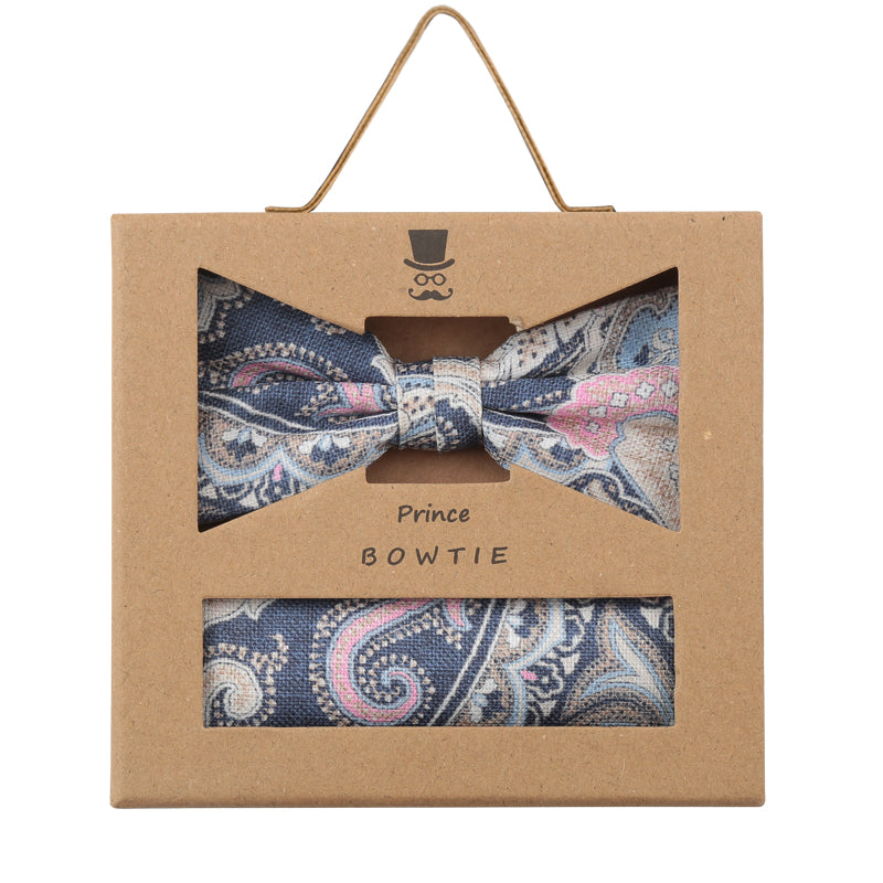 Prince Bowtie Set Fliege + Tuch Paisley - Box - Dunkelblau