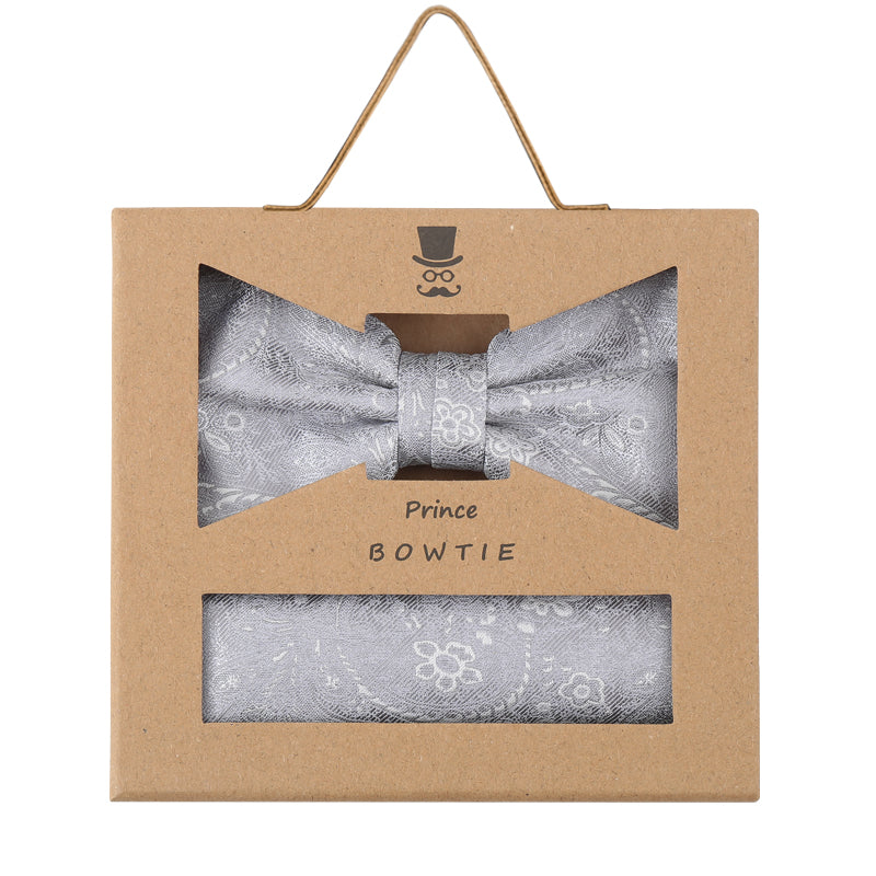 Prince Bowtie Set Fliege + Tuch Paisley - 100% Seide - Box - Hellgrau