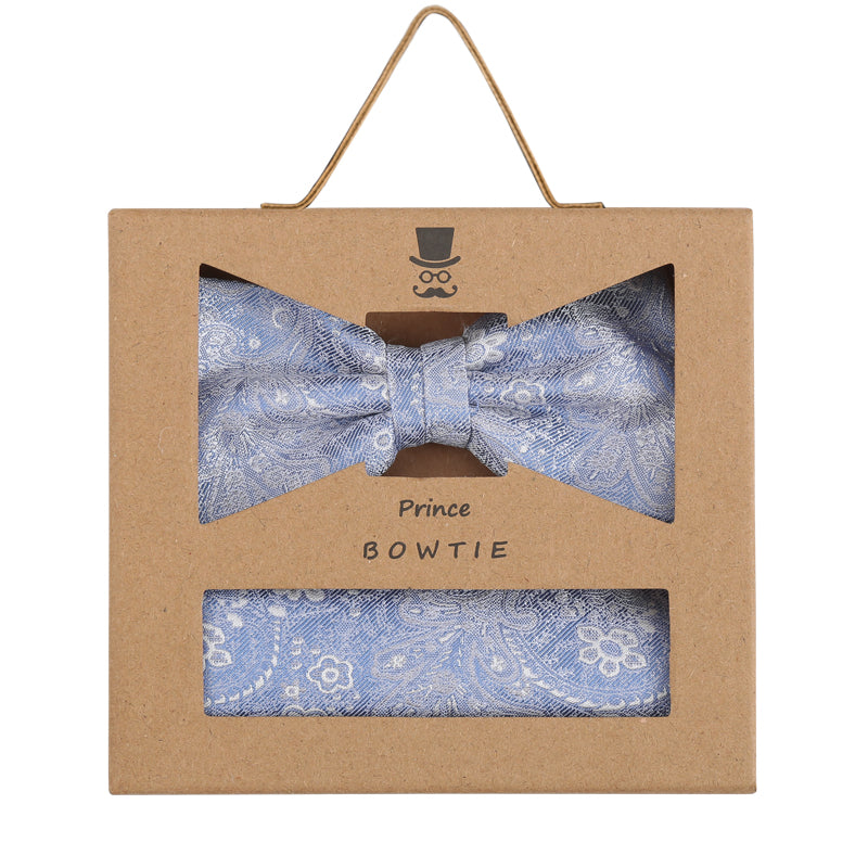 Prince Bowtie Set Fliege + Tuch Paisley - 100% Seide - Box - Hellblau