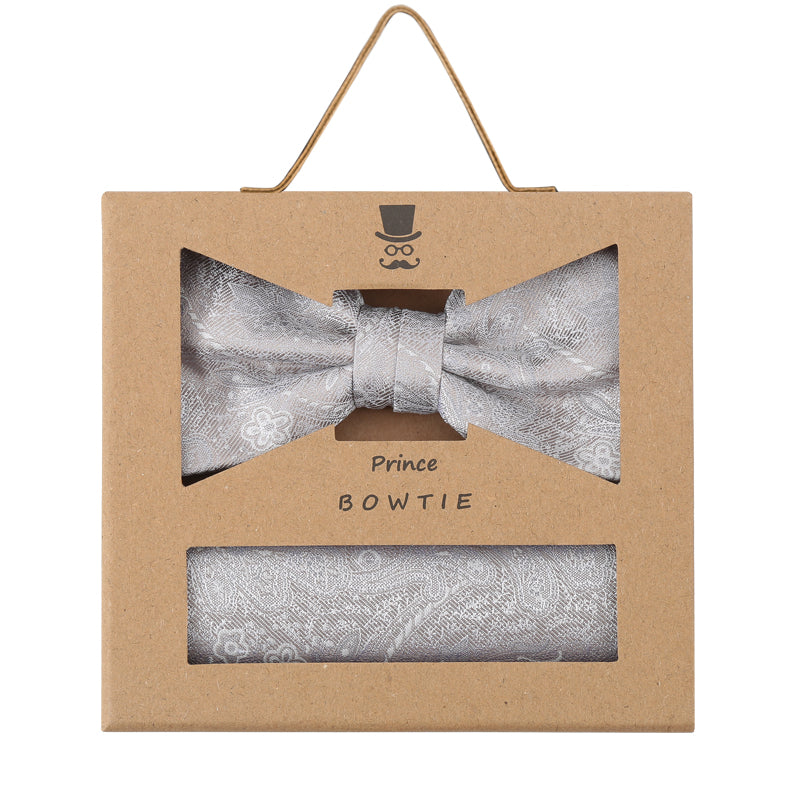 Prince Bowtie Set Fliege + Tuch Paisley - 100% Seide - Box - Hellbeige