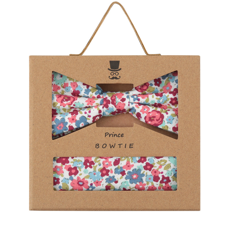 Prince Bowtie Set Fliege + Tuch Flower - 100% Baumwolle - Box - Koralle