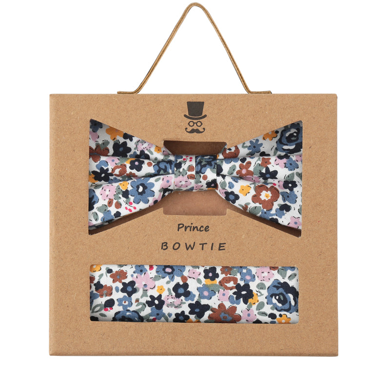 Prince Bowtie Set Fliege + Tuch Flower - 100% Baumwolle - Box - Blau