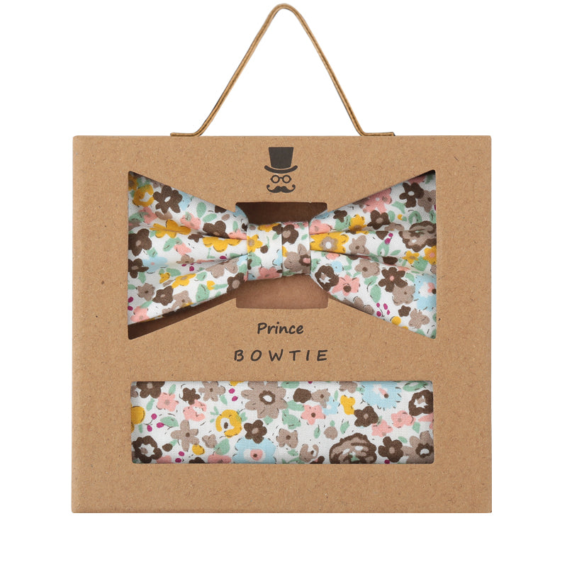 Prince Bowtie Set Fliege + Tuch Flower - 100% Baumwolle - Box - Beige