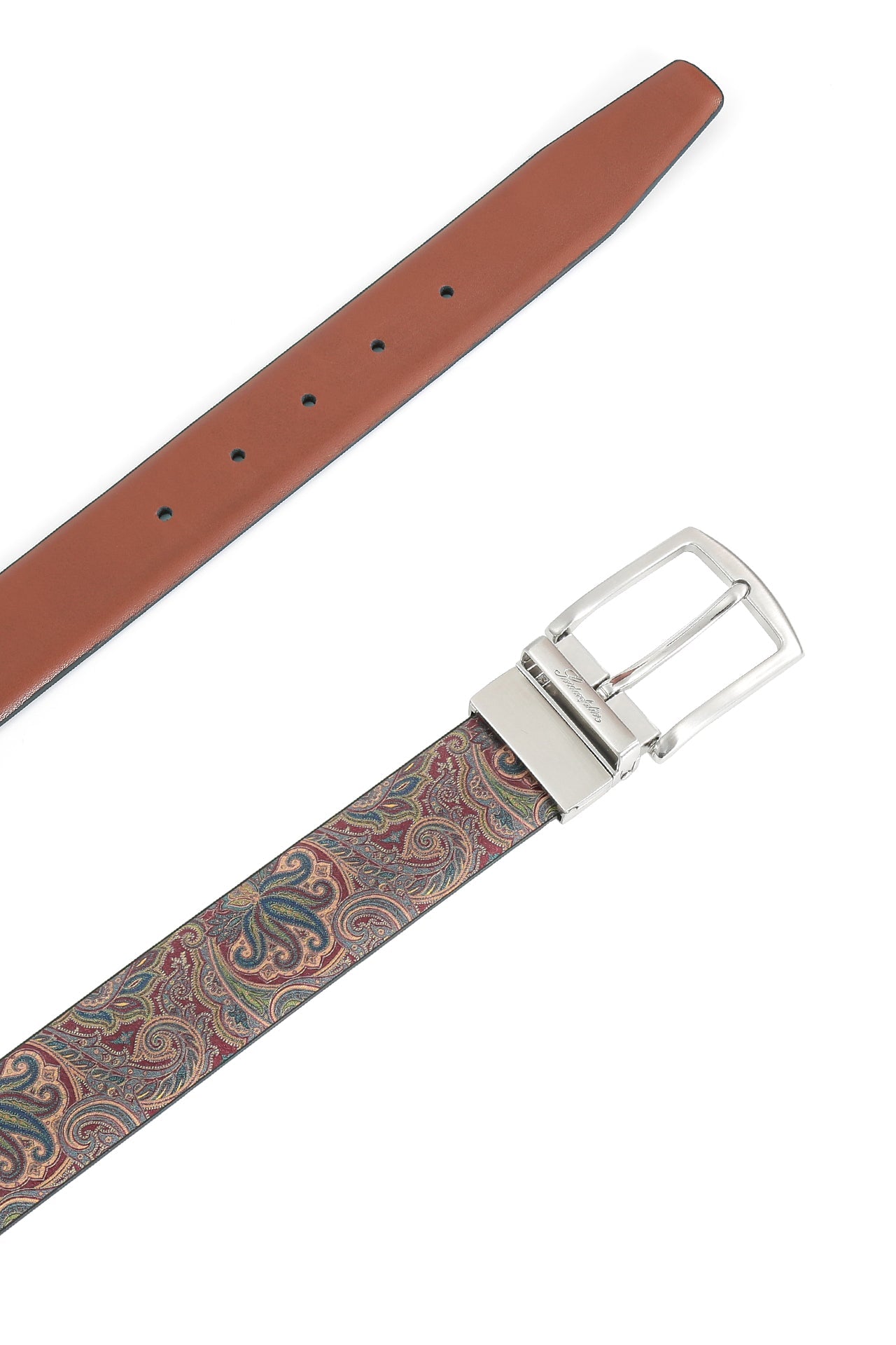 Se‪idenfalter Glattleder Wendegürtel - bedruckte Rückseite - Gürtel geöffnet im Detail - Cognac