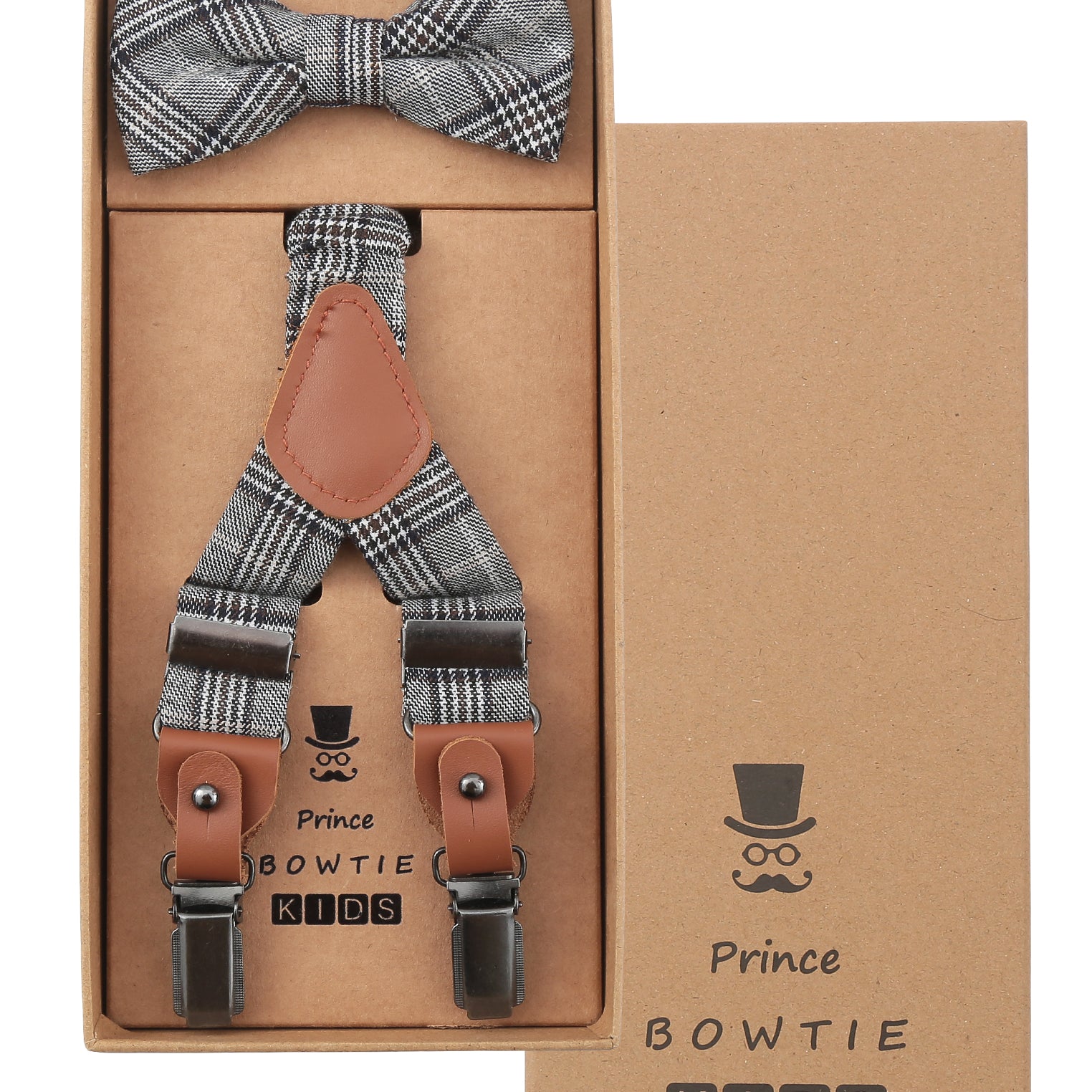 Prince Bowtie Kids Set - Hosenträger + Fliege - Karomuster - Box - Grau