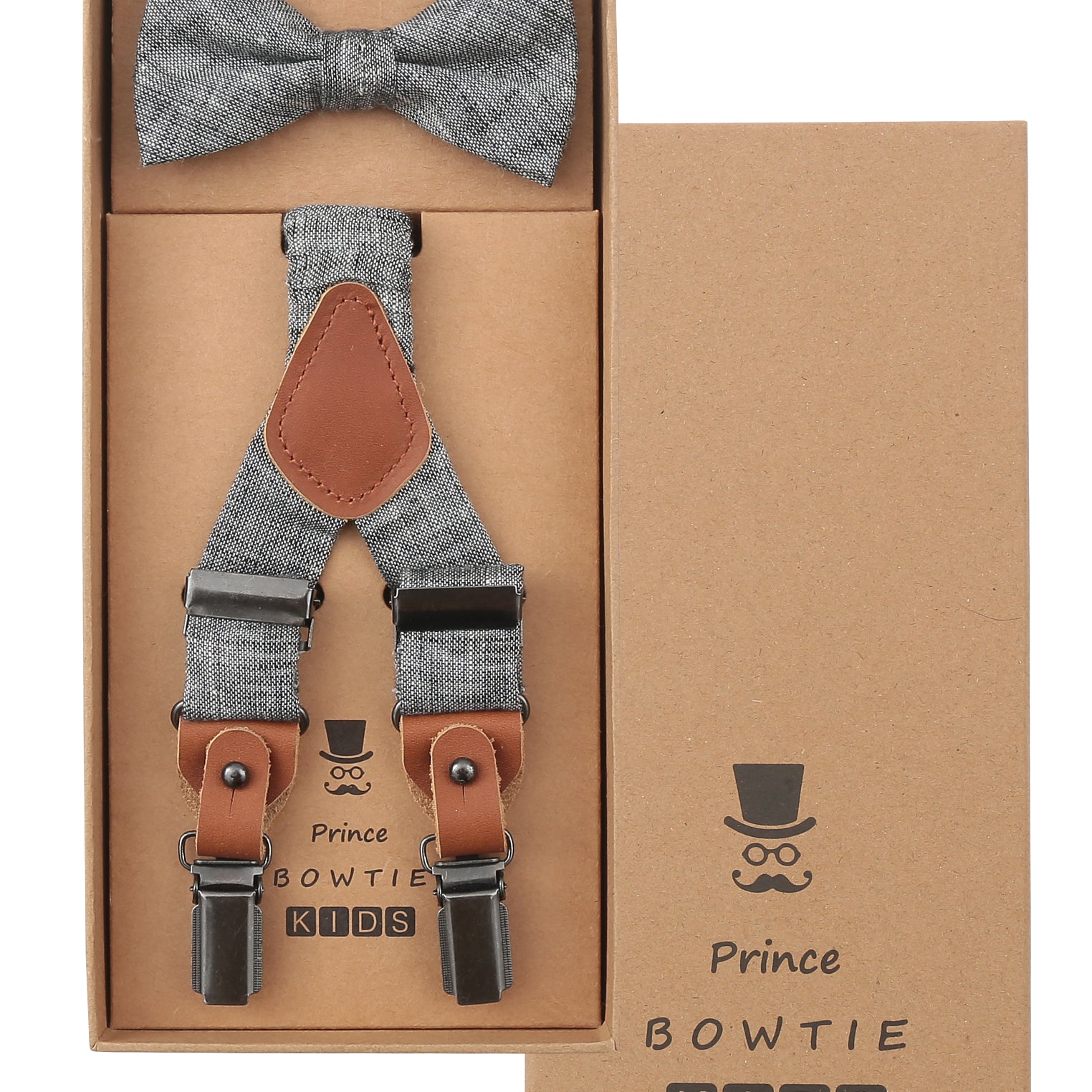 Prince Bowtie Kids Set - Hosenträger + Fliege - Box - Grau