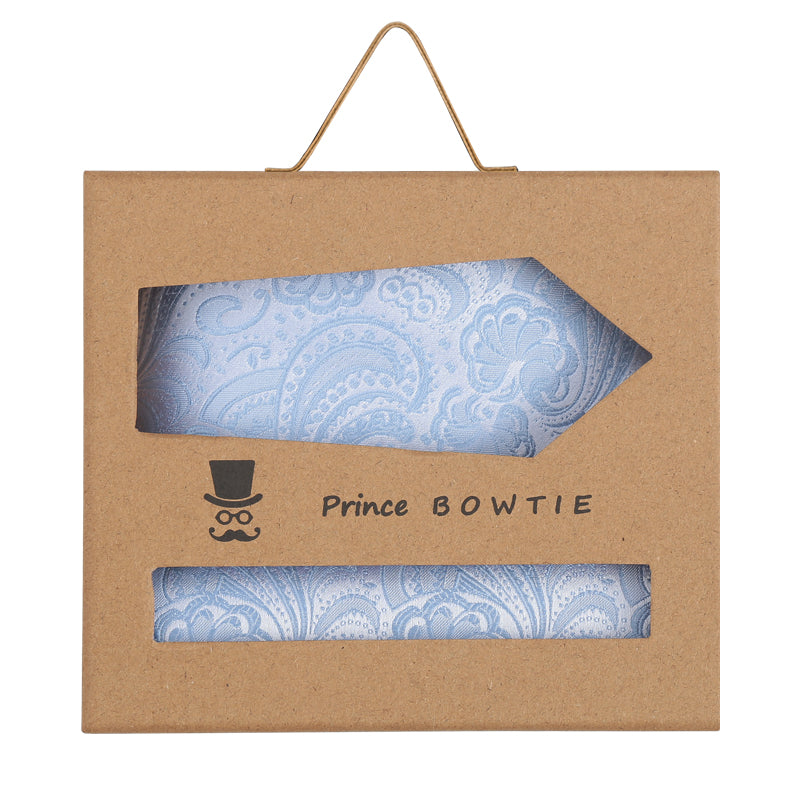 Prince Bowtie Set Krawatte + Einstecktuch im Paisley-Design - Box - Hellblau