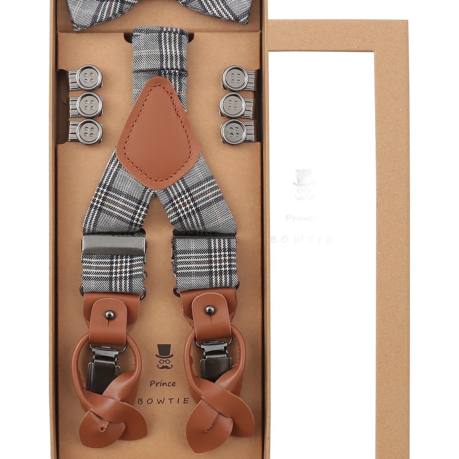 Prince Bowtie Hosenträger Set mit Fliege in elegantem Karodesign - Box - Grau