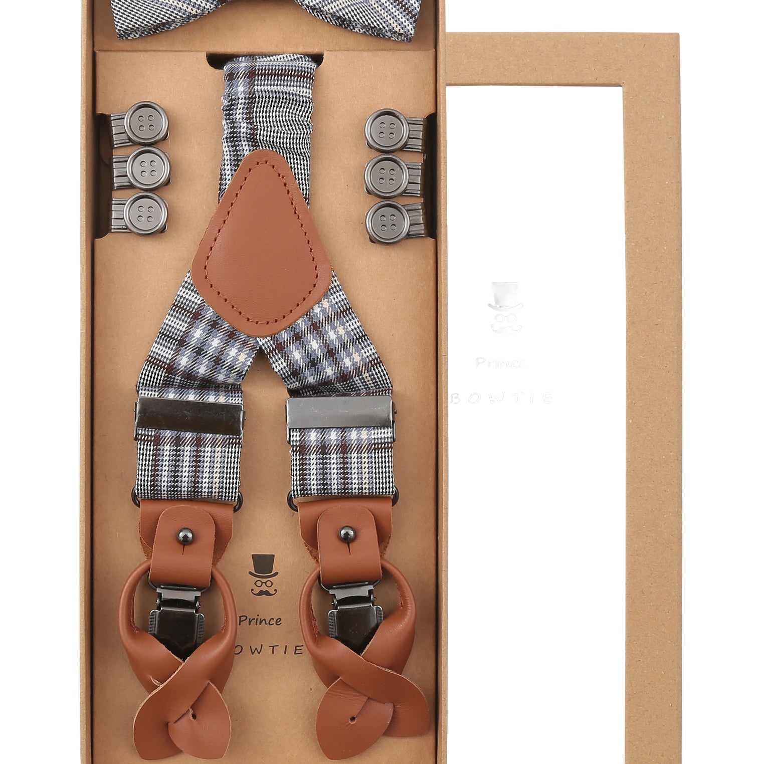 Prince Bowtie Hosenträger Set mit Fliege in zeitlosem Karodesign - Box - Grau
