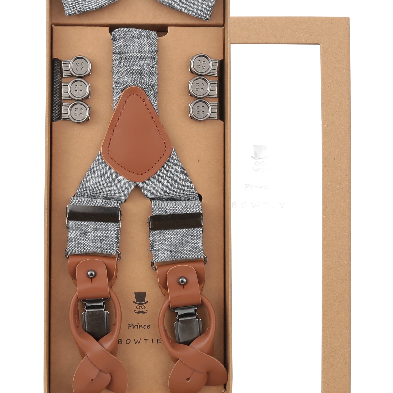 Prince Bowtie Hosenträger Set im sportiven Leinenlook - Box - Grau