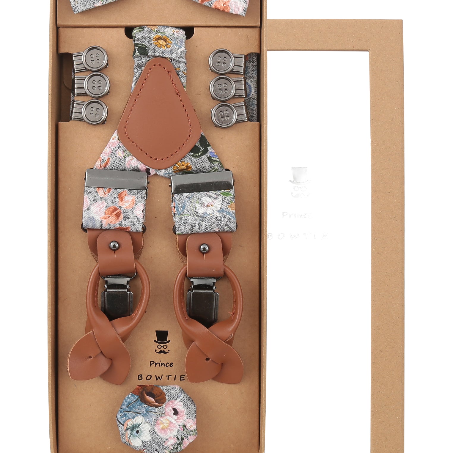 Prince Bowtie Hosenträger Set im Floral-Design inkl. Einstecktuch - Box - Grau