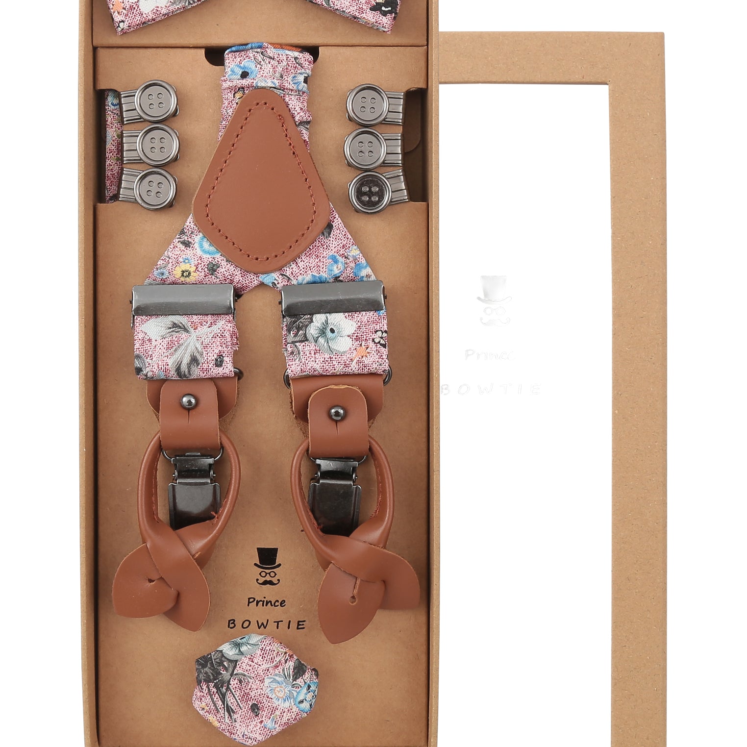 Prince Bowtie Hosenträger Set im Floral-Design inkl. Einstecktuch - Box - Rot