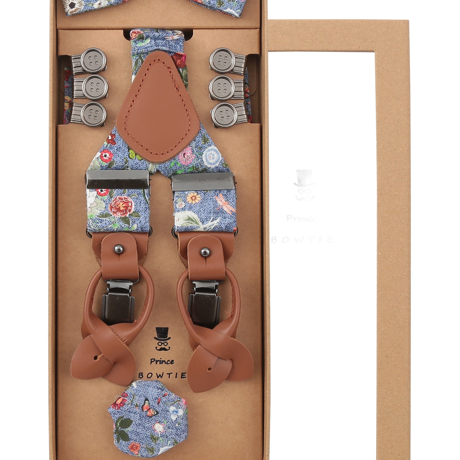 Prince Bowtie Hosenträger Set im Floral-Design inkl. Einstecktuch - Box - Blau