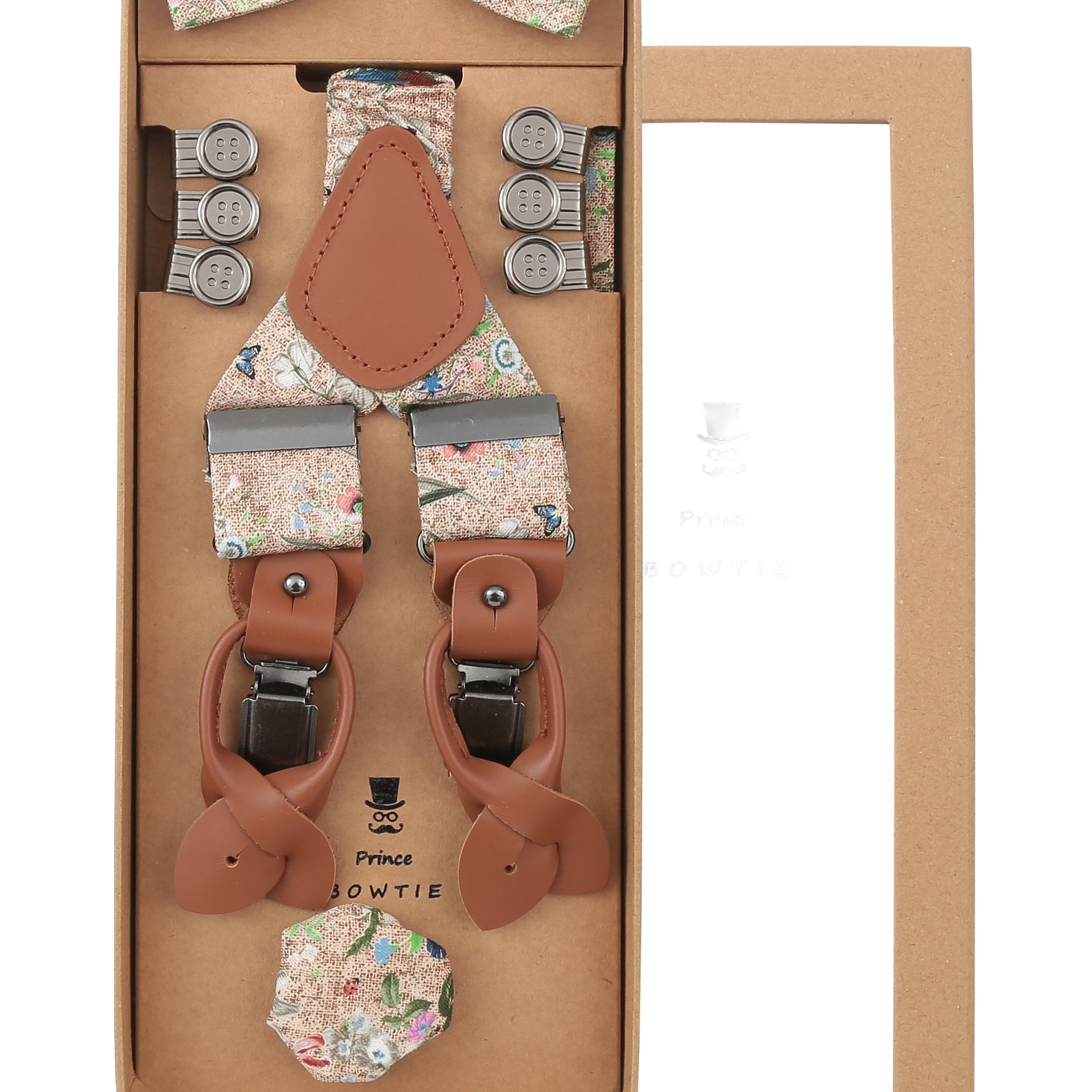 Prince Bowtie Hosenträger Set im Floral-Design inkl. Einstecktuch - Box - Beige