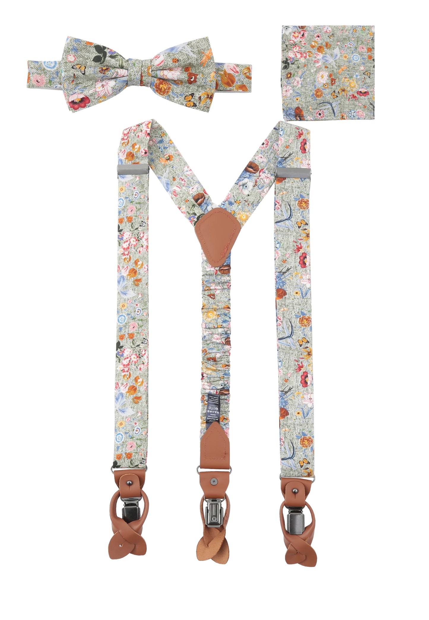 Suspender set in floral design including pocket square