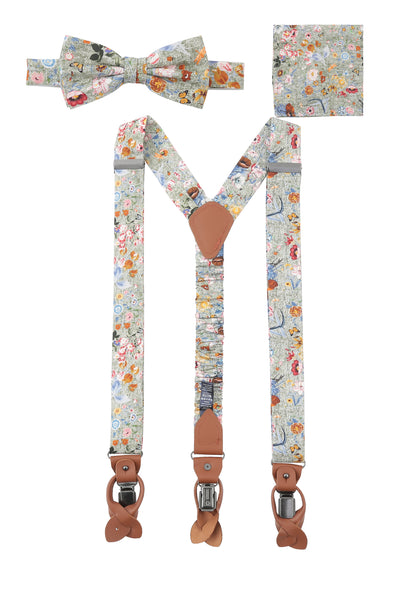 Suspender set in floral design including pocket square