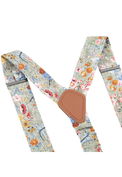 Suspender set in floral design including pocket square