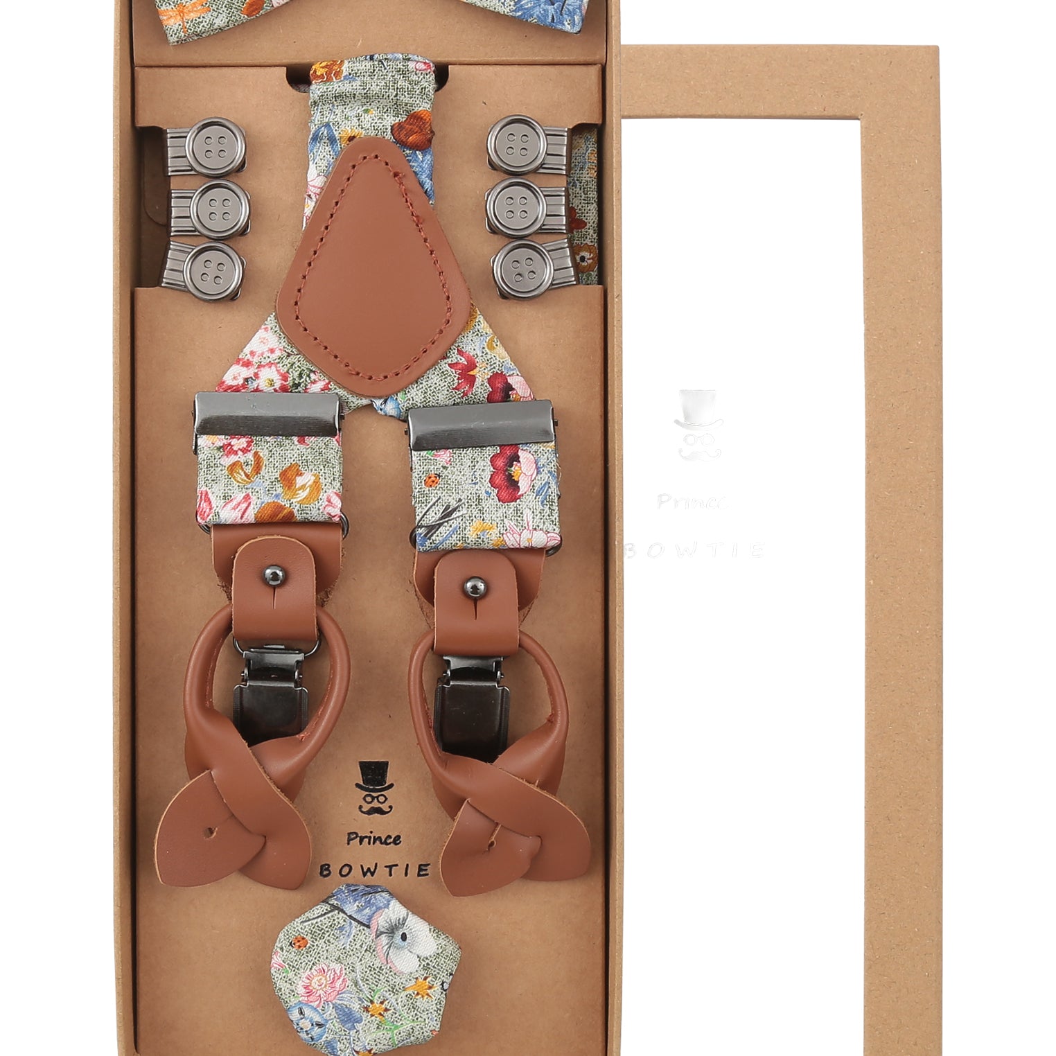 Prince Bowtie Hosenträger Set im Floral-Design inkl. Einstecktuch - Box - Mint