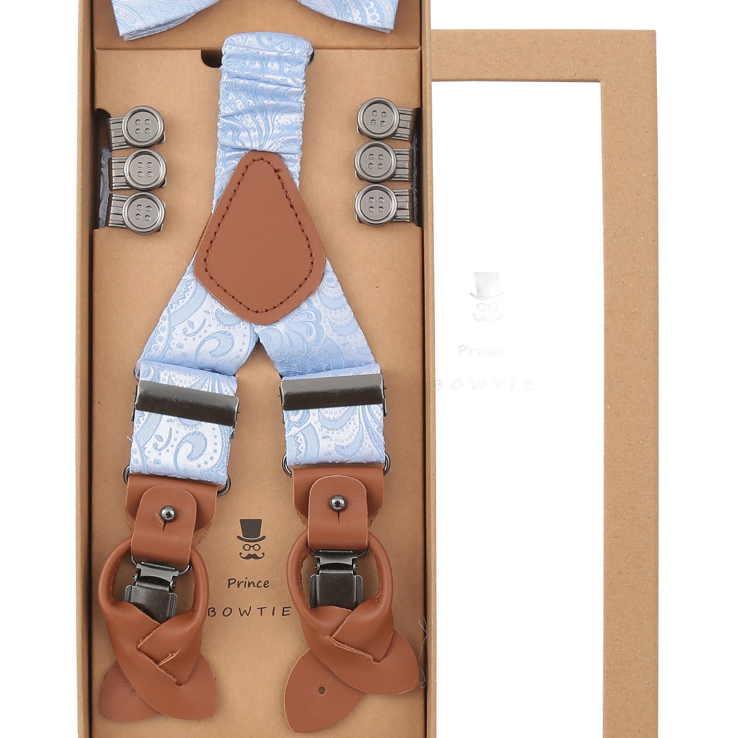 Prince Bowtie Hosenträger Set aus 100% Seide Paisleydesign - Box - Hellblau