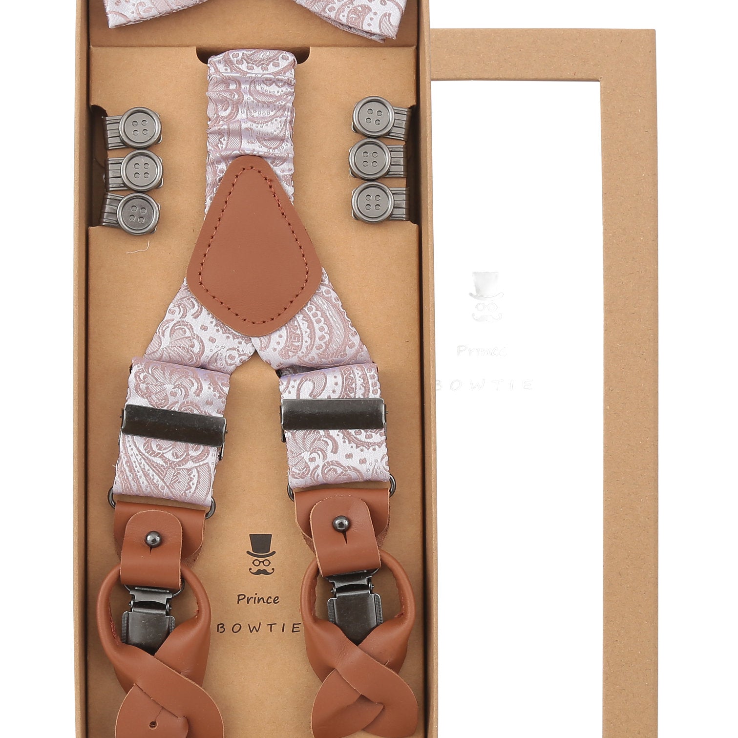 Prince Bowtie Hosenträger Set aus 100% Seide Paisleydesign - Box - Altrosa