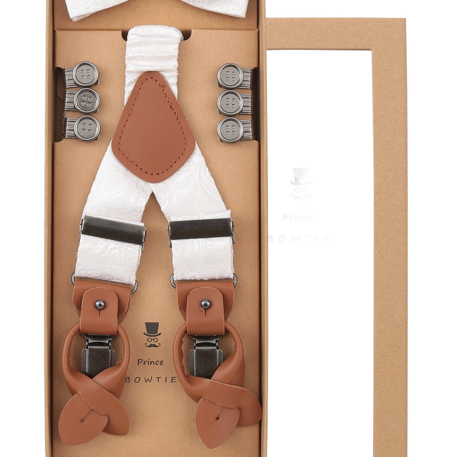 Prince Bowtie Hosenträger Set aus 100% Seide Paisleydesign - Box - Champagner