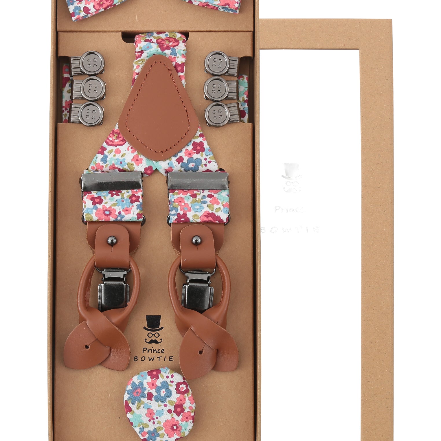Prince Bowtie Hosenträger Set im Flower-Design inkl. Einstecktuch - Box -   Koralle