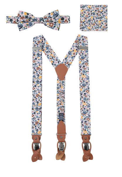 Suspender set in floral design including pocket square