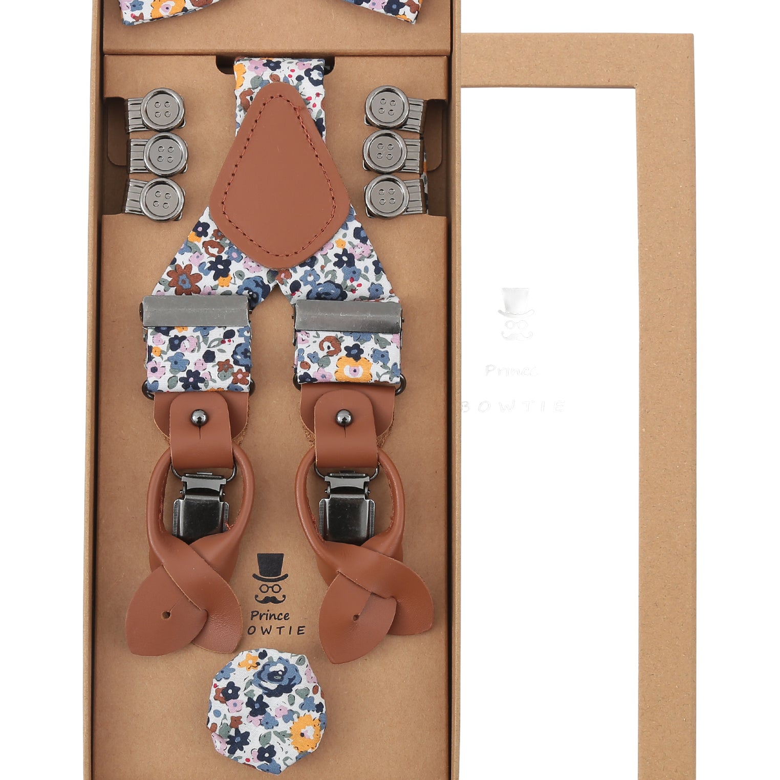 Prince Bowtie Hosenträger Set im Flower-Design inkl. Einstecktuch - Box - Blau