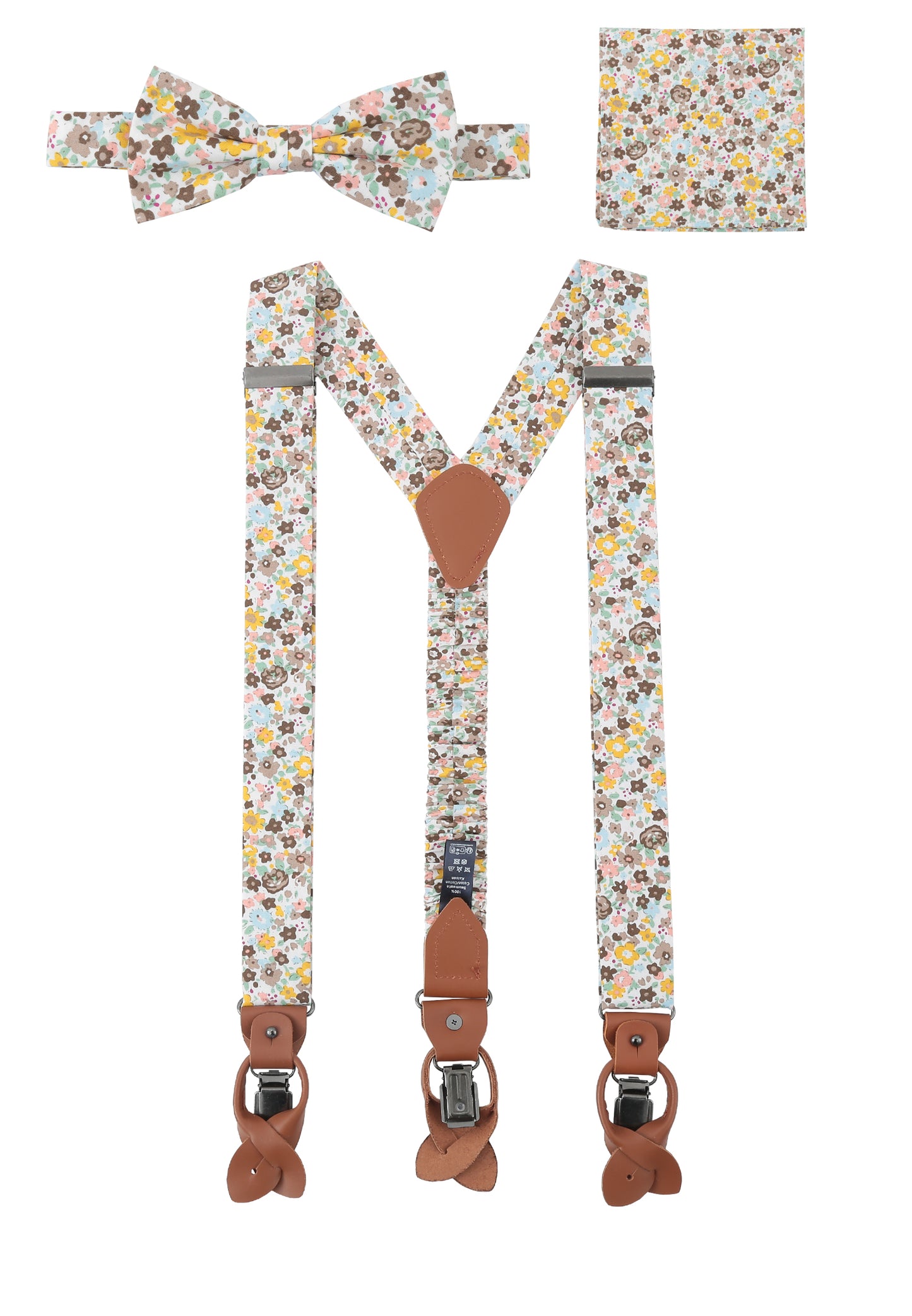 Suspender set in floral design including pocket square