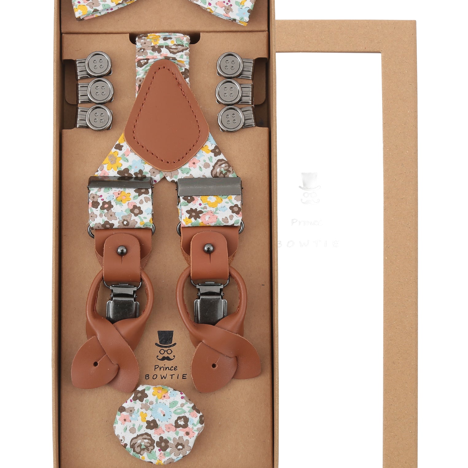 Prince Bowtie Hosenträger Set im Flower-Design inkl. Einstecktuch - Box - Beige