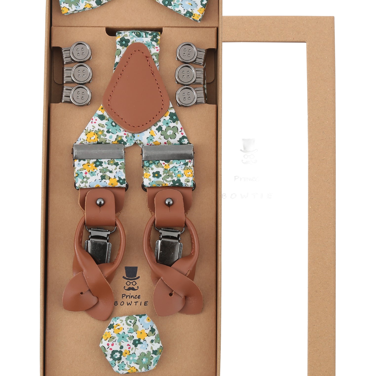 Prince Bowtie Hosenträger Set im Flower-Design inkl. Einstecktuch - Box - Mint