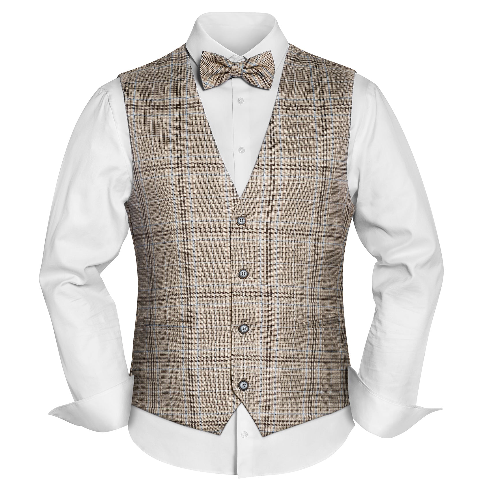 Prince Bowtie Set Weste, Fliege & Einstecktuch im Karomuster - Beige