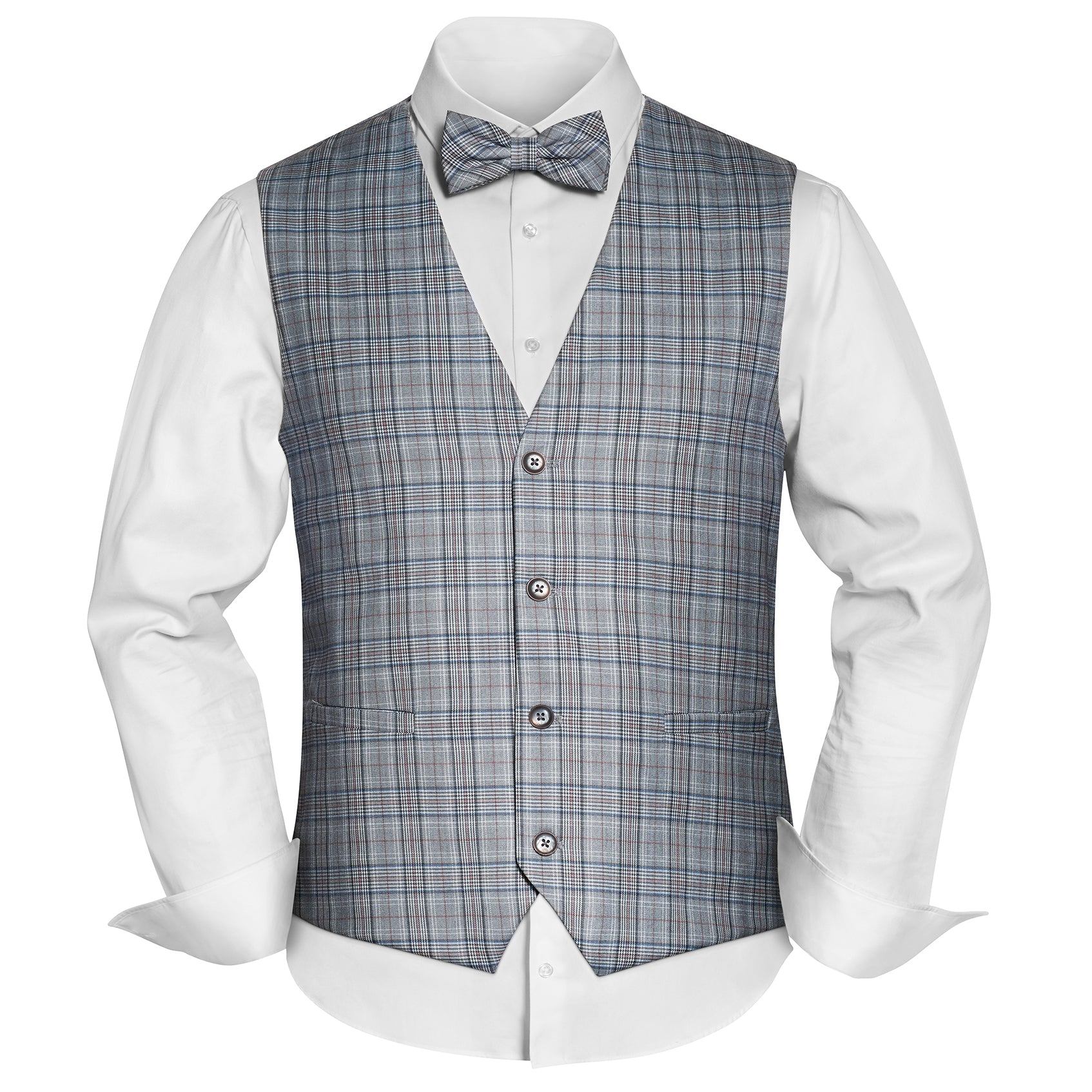 Prince Bowtie Set Weste, Fliege & Einstecktuch im Karomuster - Grau/Blau