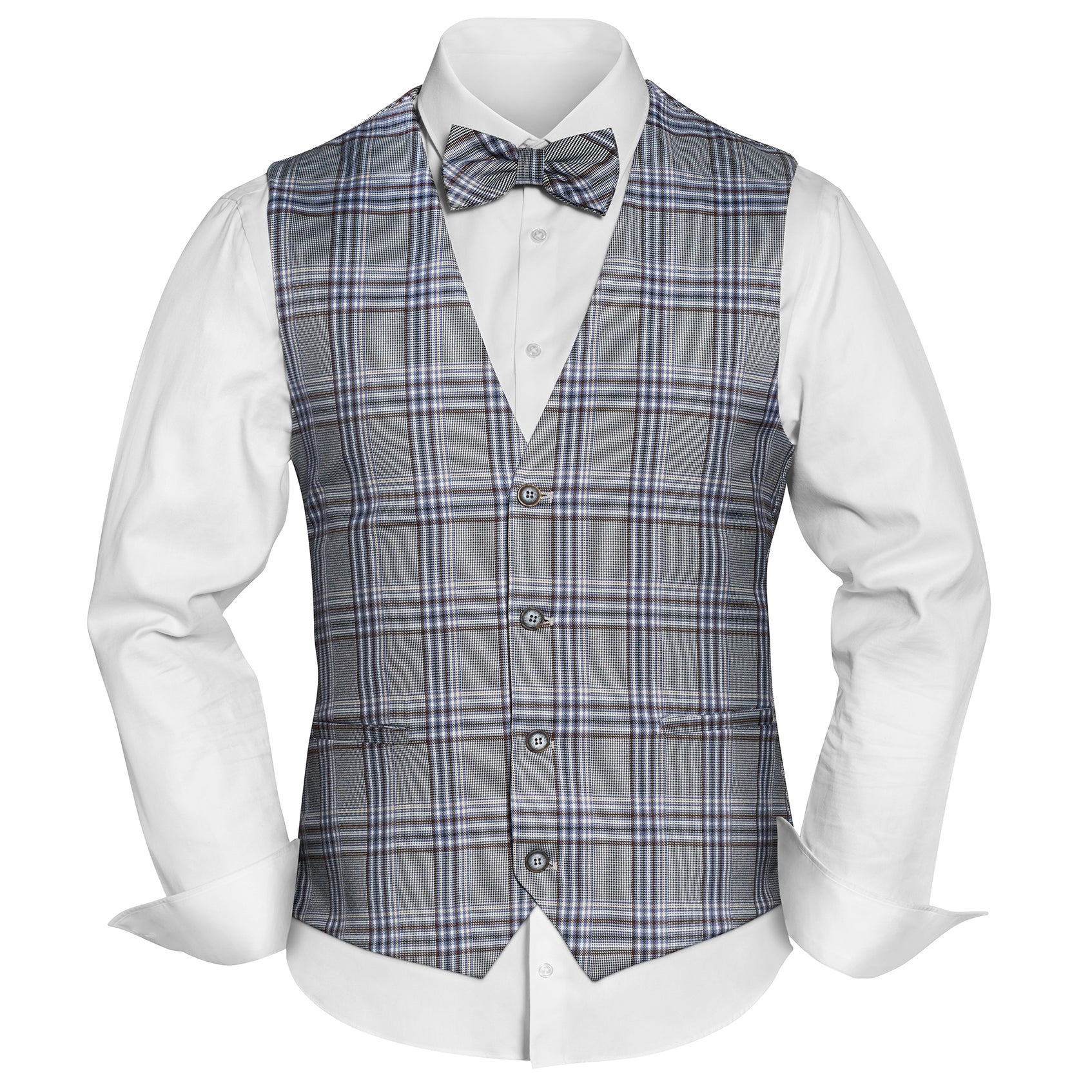 Prince Bowtie Set Weste, Fliege & Einstecktuch im Karomuster - Blau/Grau